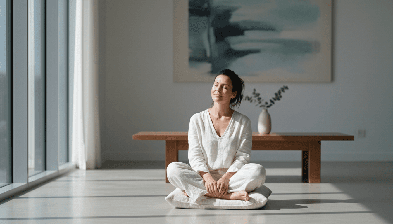 Woman sitting calmly with eyes closed in a serene modern room with soft natural light