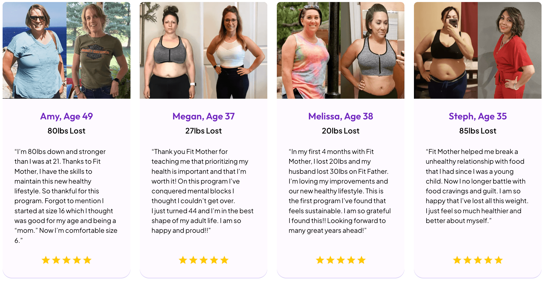Four women's before and after weight loss photos with testimonials and five-star ratings.
